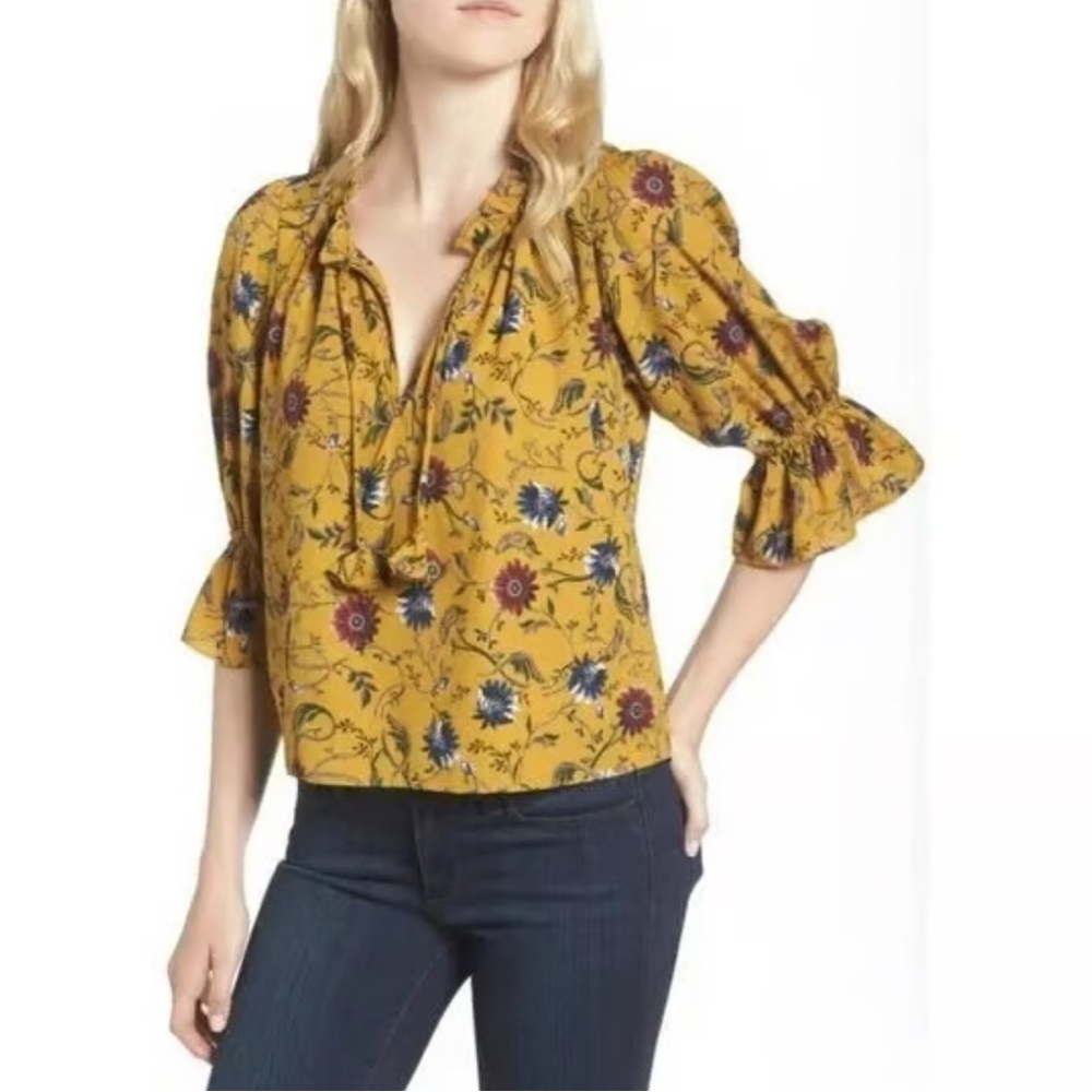 MISA Los Angeles REVOLVE medium Floral Yellow Top puff sleeve blouse bohemian